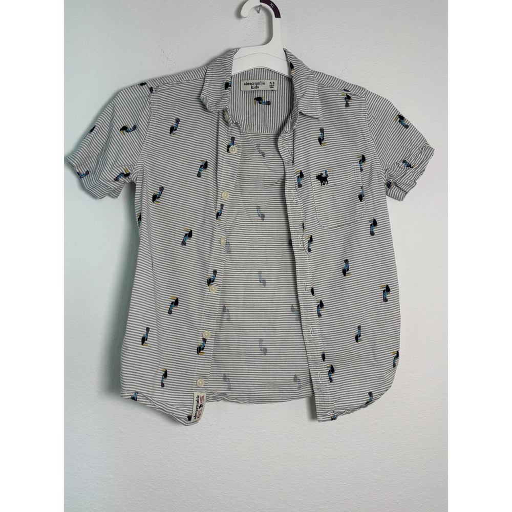 Abercrombie Kids Boys Grey‎ Striped Toucan Embroidered Short Sleeve Shirt 7/8